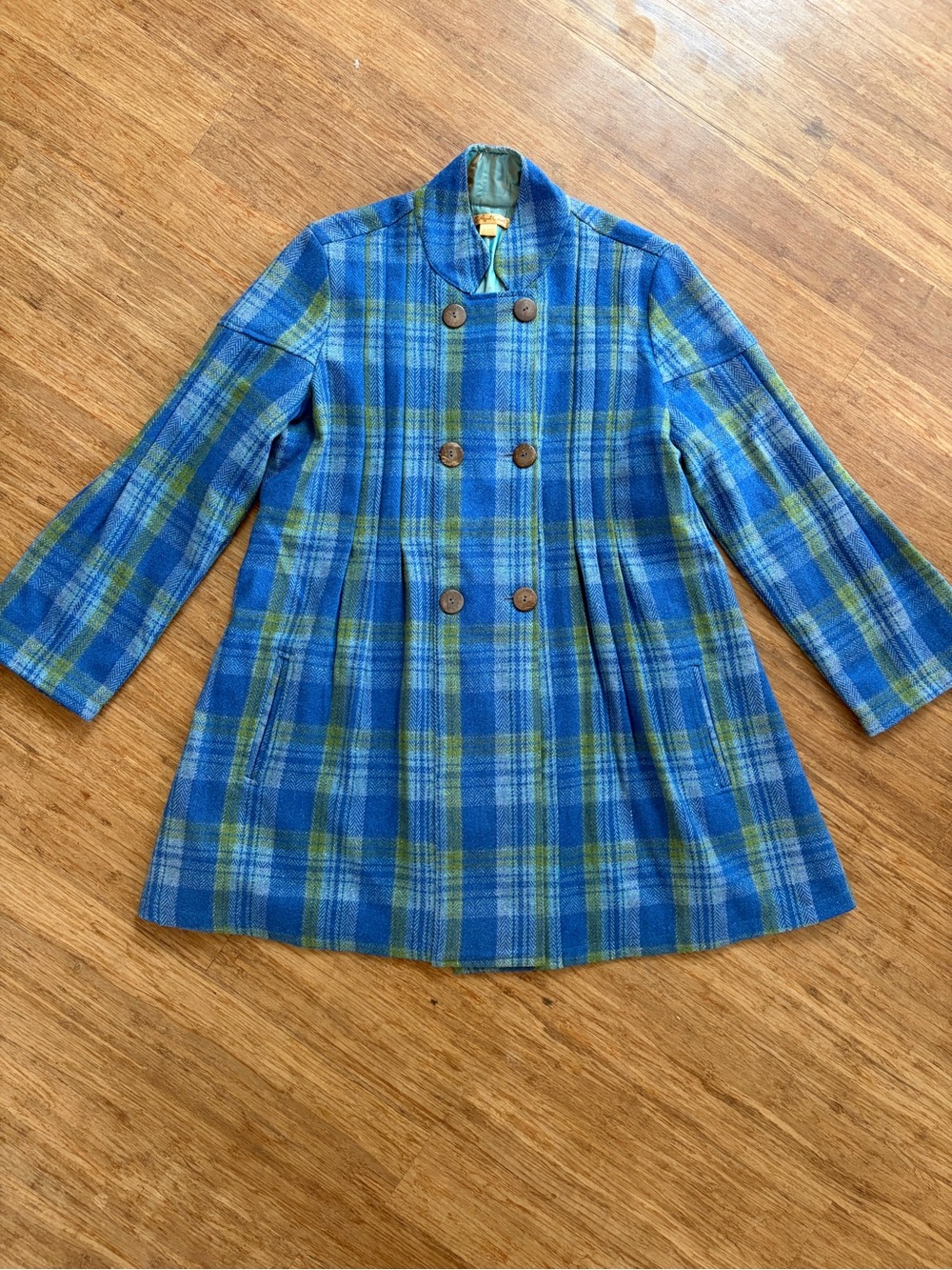 April Cornell Plaid Wool Blend Double Breasted Pea Coat Jacket Blue Green L